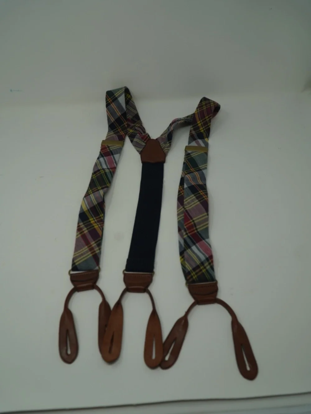 Polo Ralph Lauren Madras Plaid Button-On Suspenders Leather Tabs Adjustable